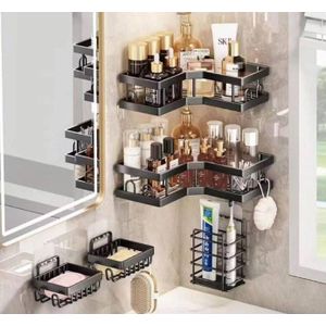 Adhesive Bathroom Corner Shelf Set - No Drill Wall Mounted Shower Caddy Organizer with Soap Holder & Toothbrush Rack
