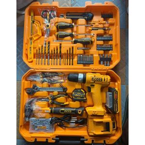 Ingco 20V Cordless Drill Driver Tool Set with Battery, Charger & 50+ Accessories - Drill Bits, Screwdriver Bits, Pliers, Hammer in Case