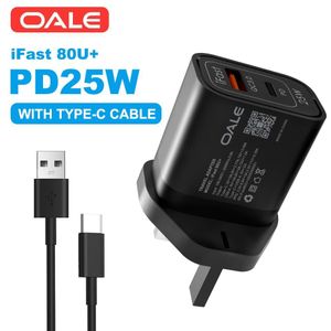Oale iFast 80U+ 25W Super Fast Charger, 2 Ports PD+QC USB Wall Charger with Type-C Cable - Black