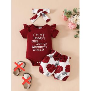 Baby Girl Clothes Short Sleeve Bodysuit +shorts+headband-wine red