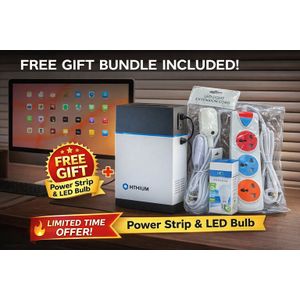 HITHIUM 1kWh Portable Power Station + Extention Box(Power Strip), Led Bulb (9W) & Buld Holder - Solar charge + Power for TV/Fan/Wifi