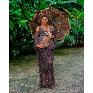 Classic Cultural Umbrella (Brown Lace with Gold Beads)
