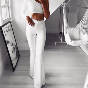 2023 Women High Waist Hollow Out White Flare Pants Ribbed Sexy