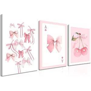 Trendy Pink Bows Canvas Wall Art,Vintage Preppy Cherry Posters Prints, Pink Girly Room Aesthetic Wall Decor Painting for College Apartment Living Room Bedroom 
