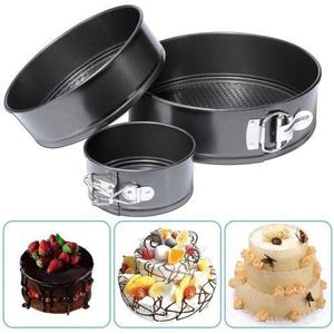 Non-stick cake mold pan set featuring three round, springform pans with quick-release latches