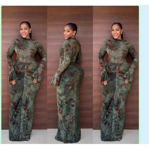 Women's Floral Print Long Sleeve Bodycon Maxi Dress – Green & Rust