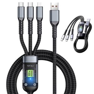 BHW 100W 3-in-1 Fast Charging Cable with LED Power Display, Braided Multi-Charger Cord (USB-A to 2*Type-C + Lightning)