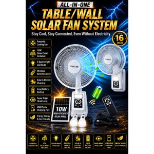 YOBOLIFE Top Brand 2in1 Wall/Table 16 Inches AC/DC Rechargeable Solar Fan,Remote,10W Panel & 2 Bulbs For Home & Office