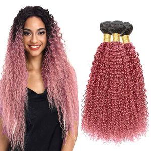 Pink Curly 3 Bundle plus closure- Pink Bundles Hair Wet And Wavy 