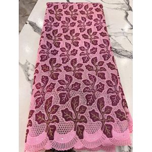 Baby pink/onoin pink snd magenta purple Embroidered Lace Fabric with deeper wine-purple  Leaf Motif with Scalloped Border