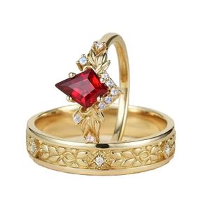 Luxury Red Ruby Engagement Ring Set | Gold Plated Bridal Jewelry with Matching Band