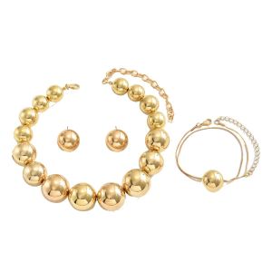 Gold Chunky Round Ball Bead Jewelry Set Women Bold Choker Necklace Stud Earrings Adjustable Bracelet 3Pcs Jewelry Set