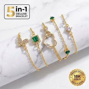 5Pcs/Set Simple Bracelets Bangle Gold Metal Female /Women, Dainty Layered Crystal Bracelet Set with Butterfly Heart Emerald Green Gemstone Charms, Adjustable Chain Jewelry Gifts for Wife Girlfriend Mom