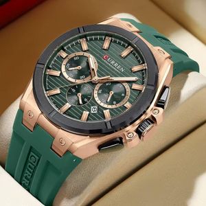 CURREN Men's Luxury Chronograph Watch, Green Dial Rose Gold Case, Silicone Strap, Date & Sub-Dials, Waterproof Wristwatch, COMES WITH A BOX AND BAG 