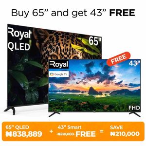 Royal COMBO OFFER - Buy 65″ Inches QLED  Google Smart TV + FREE 43" SMART TV + 12 MONTHS WARRANTY (RTV65QM20P)