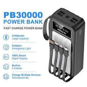HENIN PB30000 27000mAh Portable Power Bank with LED Torch Light, Built-in 4 Cables, 7 Outputs LED Display for Android iPhone -Black