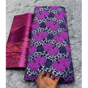 BEAUTIFUL BIG SWISS COTTON CORD SEQUINS LACE FABRIC: PINKISH PURPLE, NAVY BLUE & SILVER (5yards, No Scarf)