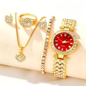 Women's Watch With Red Dial 5Pcs Jewelry Set, Gold Plated Rhinestone Elegant Outfit for Wedding and Party