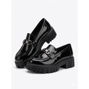 Women's Trendy Patent Leather Loafers - Glossy Chunky Platform Slip-On Shoes - Black
