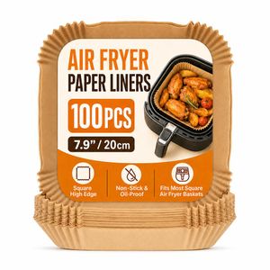KITCHA 100PCS Air Fryer Disposable Paper Liners, Square Non-Stick Oil-Proof Parchment Paper, 7.9 Inch High Edge Air Fryer Liners for Easy Cleanup