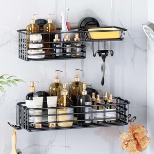 Shower Caddy Suction Cup, 2 Pack Suction Shower Shelf With Hooks Black Shower Caddies, Soap holder, NO-Drilling Bathroom Holder, Rustproof bathroom organizer 