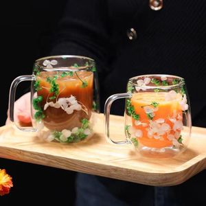 New Design Handmade High Borosilicate Creative Dry Flower Double Wall Glass Mug Cup