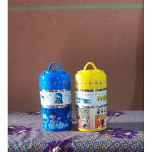 Diffrrent Character Double Layer Kid's Lunchbox Food Flask - 2 Pieces (Blue & Yellow)
