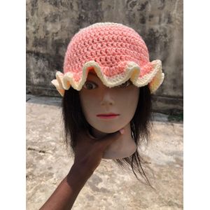 yeye Stylish Handmade Crochet Ruffle Hat – Peach & Cream (Comes with Free Spiral Earrings