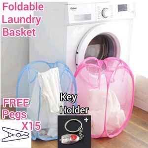 2 Pcs Storage Mesh Bin Clothes Bag Basket Laundry Sorter + Free Pegs + Key Holder
