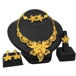 S-58 Gold Plated Jewelry Set For Women African Bridal Necklace Earrings Rings Bracelet - Gold 