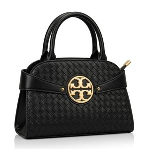 Ladies Everything Sophisticated Black Woven Satchel with Gold-Tone Emble