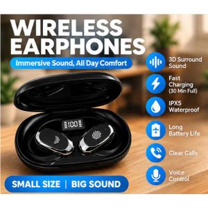 Wireless Bluetooth earphones with a charging case; over-ear design with deep bass; built-in microphone; stable 15-metre connection; lightweight sports earphones suitable for music, calls, travel and everyday use; with battery level indicator.（Black）