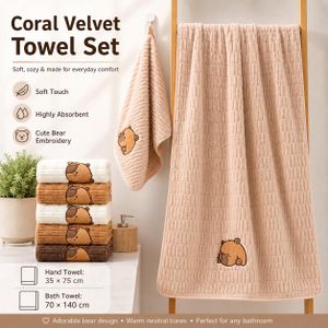 Orginal Cute Bear Coral Fleece Towel Set, Soft Quick-Dry Hand Towel & Bath Towel, Absorbent Bathroom Towel Set for Home Use