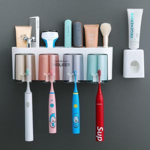 Wall-Mounted Bathroom Toothbrush Holder - 4-Slot + Toothpaste Dispenser (Includes Spare Strong Adhesive Strip)