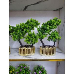 Set of 2 Mini Artificial Topiary Bonsai in Luxury Gold Ribbed Pots - Glamorous Desktop Decor