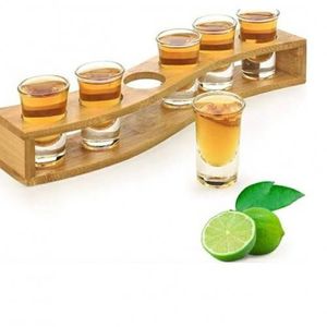 6 Solid Tequila Shot Glasses - With Wooden Holder