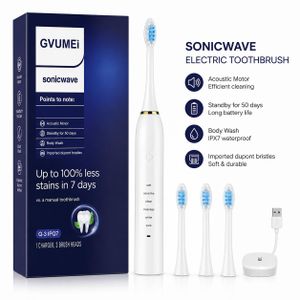 Rechargeable Sonic Toothbrush with 3 Brush Heads & USB Charger (IPX7 Waterproof)