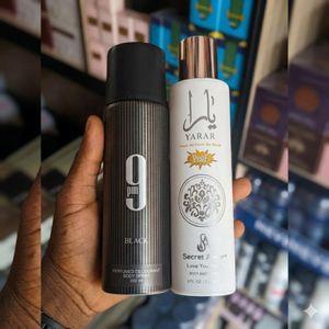 Afnan 9PM Black Perfumed Deodorant (250ml) & Yarar Secret Amor Body Mist (236ml)  2Piece Fragrance Set