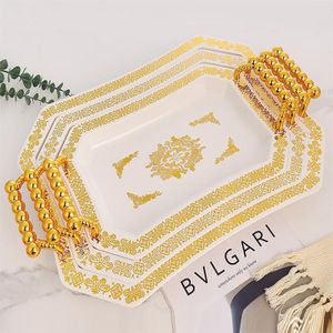 3 Pieces Premium Acrylic Serving Tray with Gold Handles – Elegant Vintage Filigree Decorative Tray for Coffee Table, Vanity, Drinks & Snacks – Shatterproof Plastic Ottoman & Party Tray