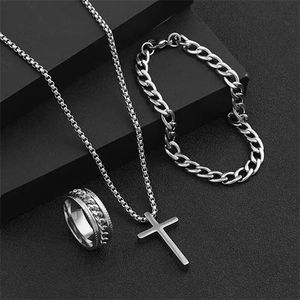 3-piece men's and women's silver necklace+bracelet+ring set - silver