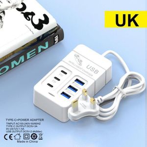 6 Ports 35W Fast Charging Charger 3 USB 3 Type C Desktop Multifunction Power Charger Adapter For Home Office School Travel Room-UK Plug