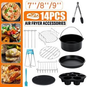14PCS 7'' Air Fryer Accessories Set Frying Cage Dish Baking Pan Rack Pizza  Tray