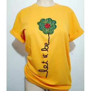 T-Shirt With Beaded Flower Design - Yellow