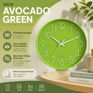 12 Inch 30cm Avocado Green Silent Quartz Wall Clock 3D Raised Numbers Dual Use