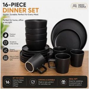 16PCS HIGH QUALITY SUPER SOLID LUXURY CERAMIC STONEWARE DINNERWARE SET (BLACK)