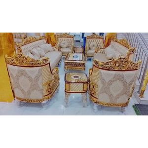 High Quality 7 Seater Royal Luxury Sofa Set -Turkish Gold Frame Sofa + Center Table + 2 Side Stools -Cream/Gold 