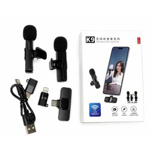 K9  3- in-1 Dual Wireless Microphone Lavalier Lapel Mic TYPE-C, iPhone and Android phone 