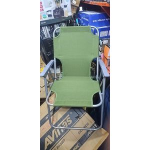 portable, foldable outdoor leisure and camping chair. It is constructed with a lightweight, tubular metal frame and a durable, weather-resistant green fabric seat and backrest