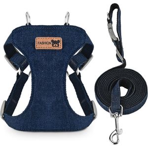 Denim Dog Chest Harness & Leash Set - 2Pcs Breathable Mesh Vest Harness (Blue, S)