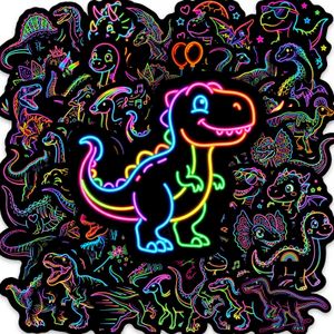 50Pcs Cute Neon Dinosaur Vinyl Stickers, Waterproof Decals for Water Bottle Laptop, Gifts for Boys Girls